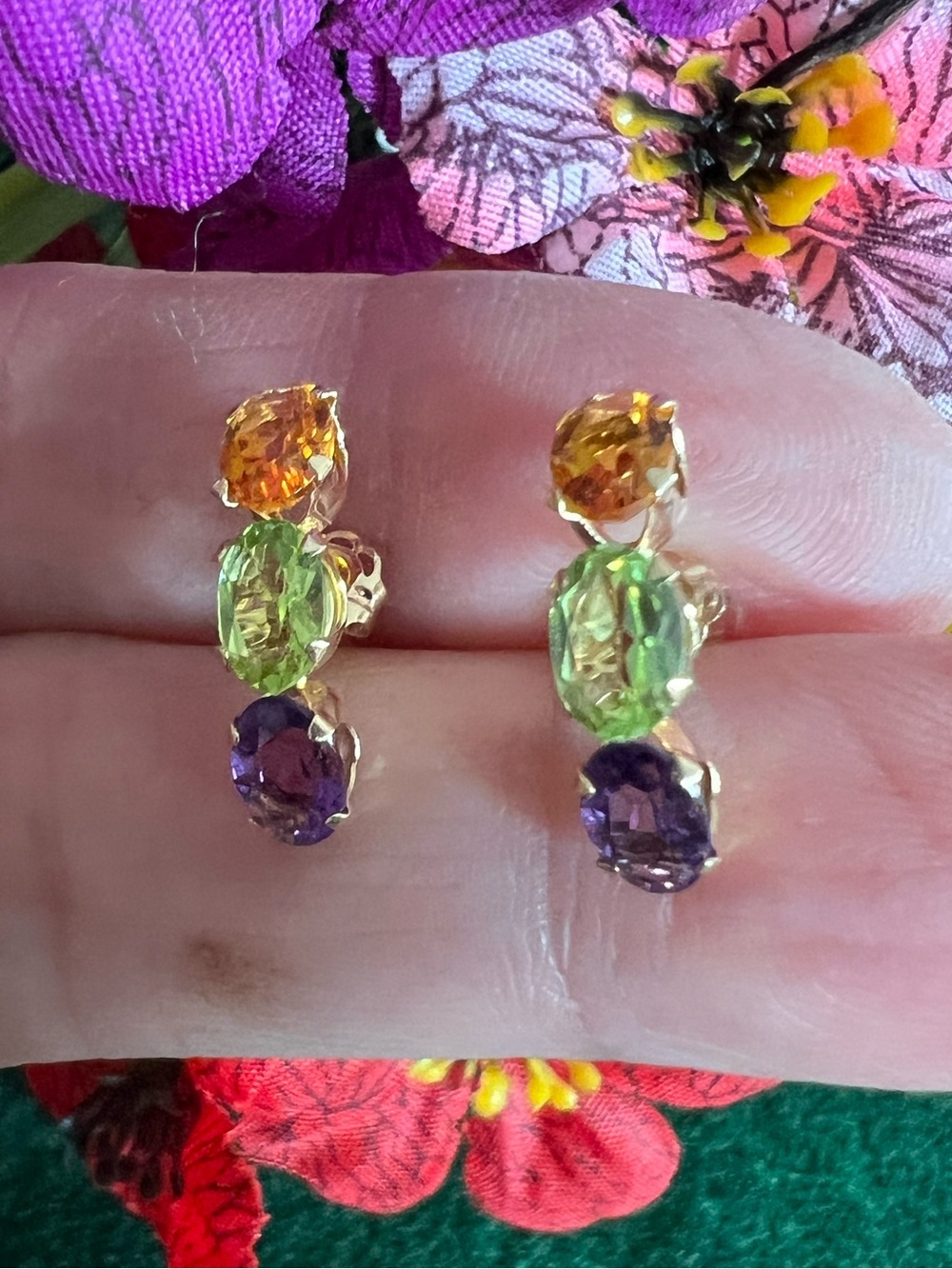 14k Solid Yellow Gold Multicolor Gemstone Earrings - Picture 5 of 12